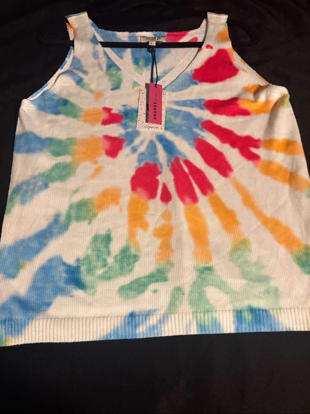 Andree White Tie-Dye V-Neck Tank with Blue, Green, Yellow and Pink